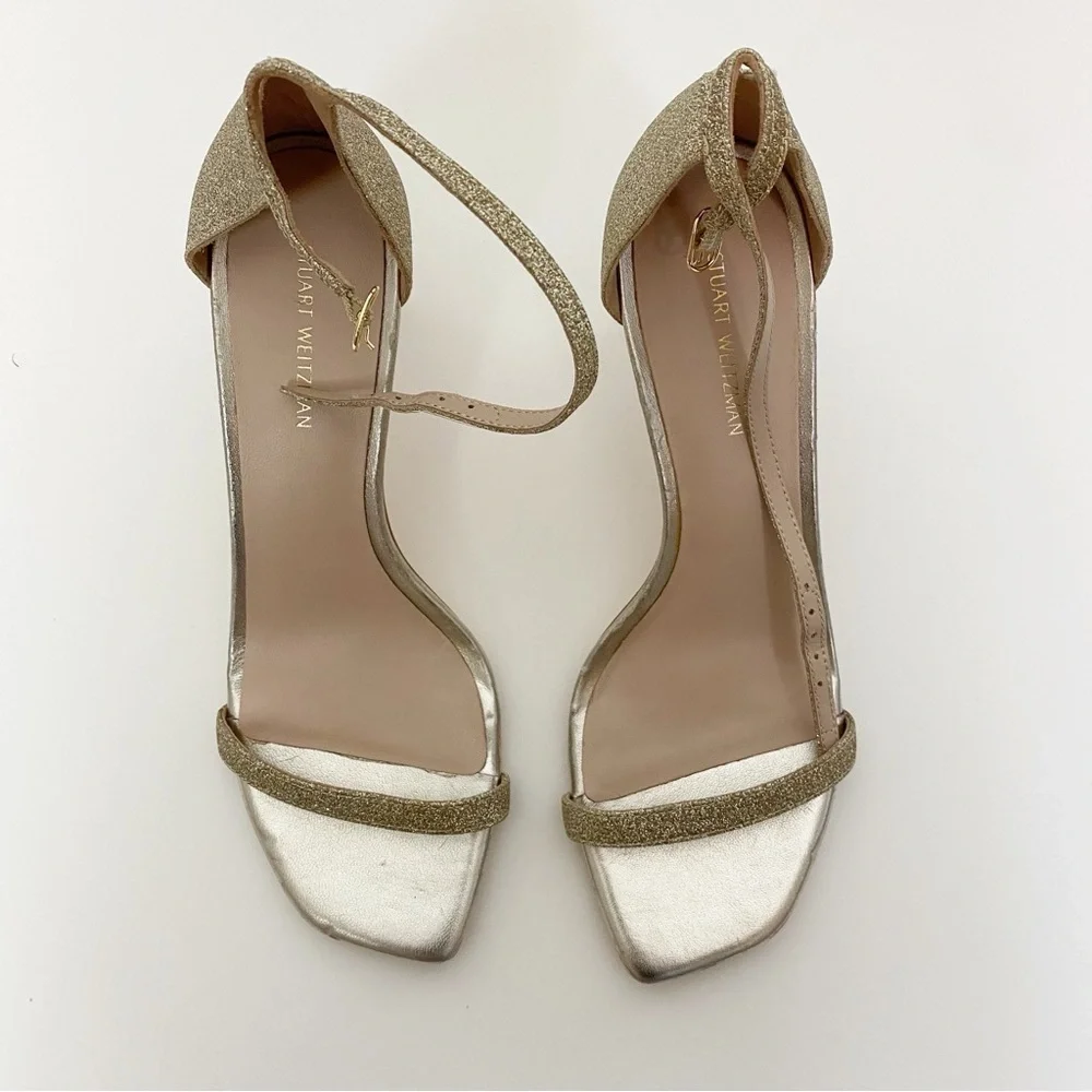 Stuart Weitzman Amelina Glitter Gold Ankle Strap Sandals Heels
